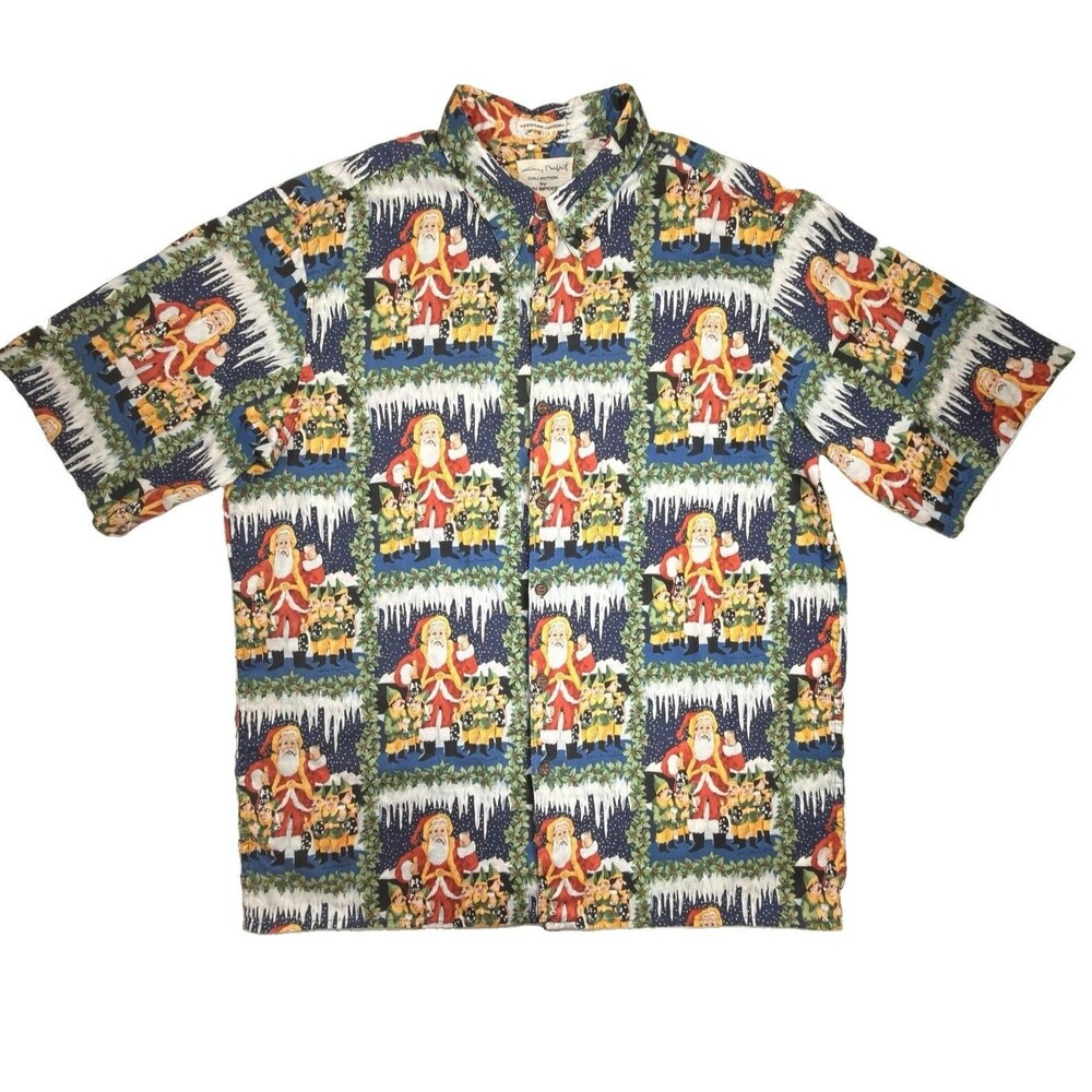 VTG Reyn Spooner Guy Buffet 1998 Santa & Elves Christmas Hawaiian Blue Shirt XL